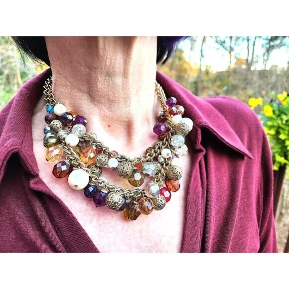 Cluster Necklace in Multi Color Beads -2 Strand Chunky Gold-Tone -18in - Picture 7 of 7